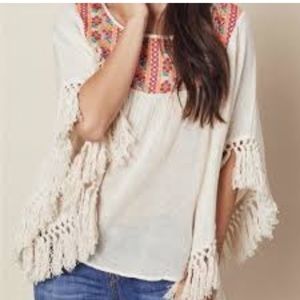 Lovestitch Shirt Womens Medium M Poncho Speckled Fringe Embroidered Knit Boho